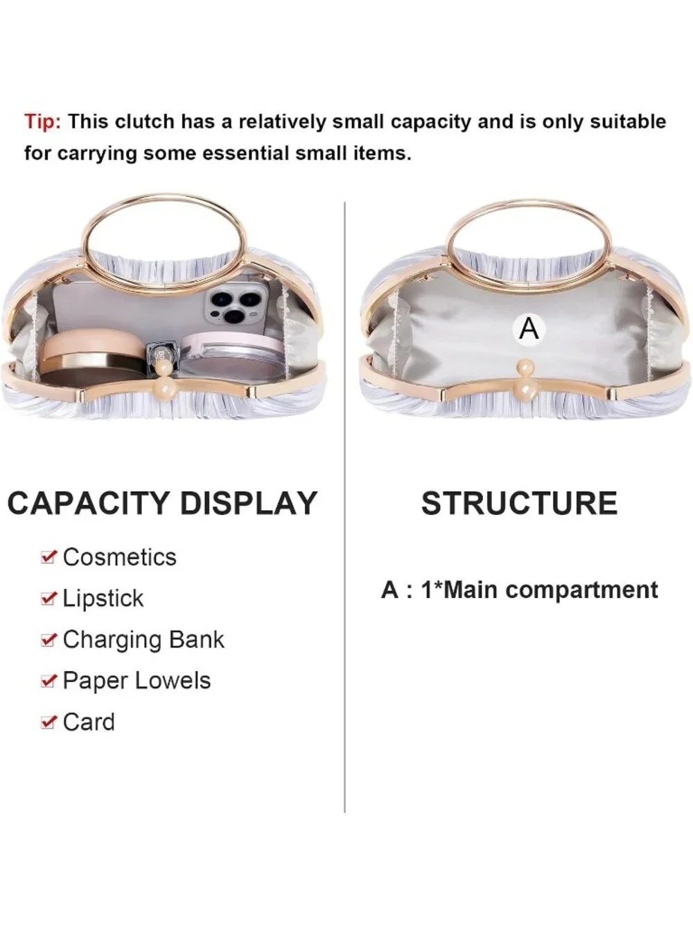 Women's Z-white Satin Pleated Top Handle Clutch Purse For Elegant Evening Bag